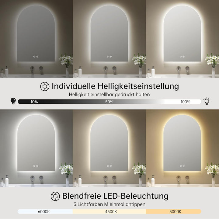 OUMUSU Badspiegel mit Beleuchtung Bogen 50x75 cm, Rahmenlos Badezimmerspiegel mit Beleuchtung, Gewöl