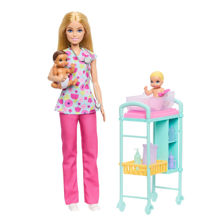 Barbie Karriere Kinderärztin-Spielset mit Blonder Puppe in OP-Bekleidung, 2 Baby-Puppen, Behandlungs
