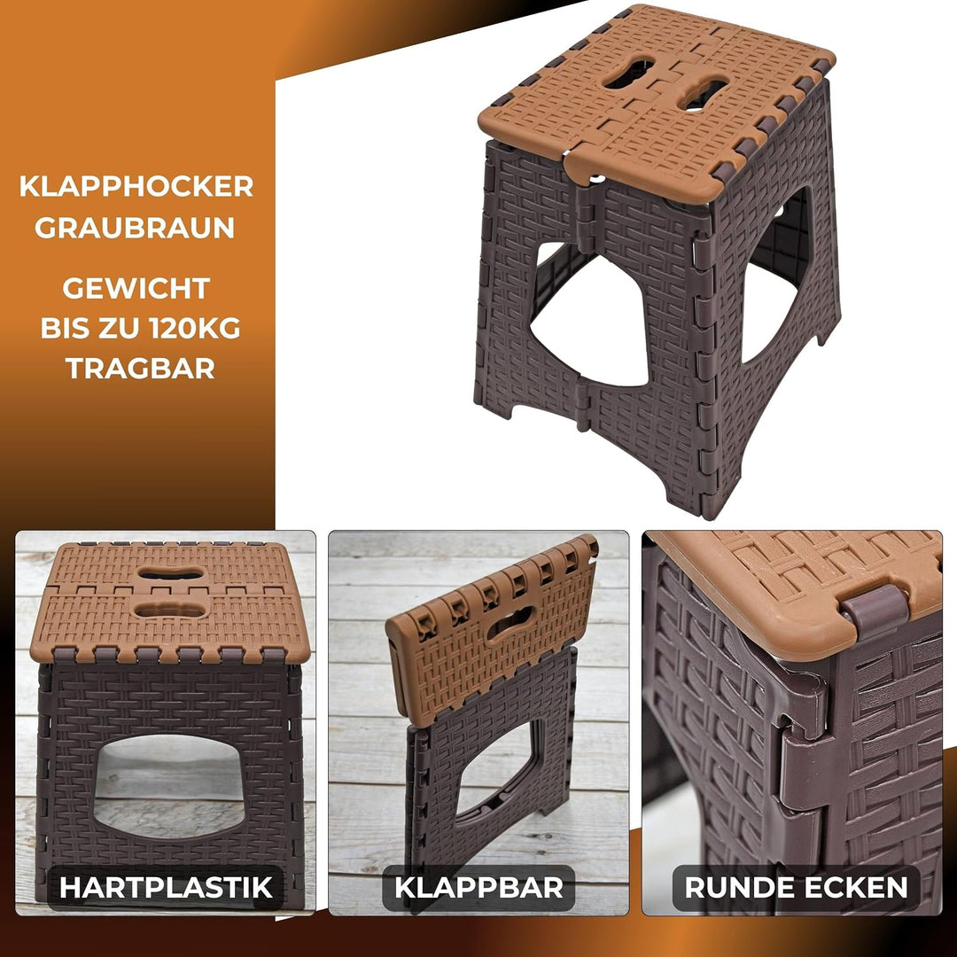 Klapphocker M (33x30x36cm) Braun – Tritthocker faltbar bis 120 kg – rutschfest &amp; tragbar – Kunststof