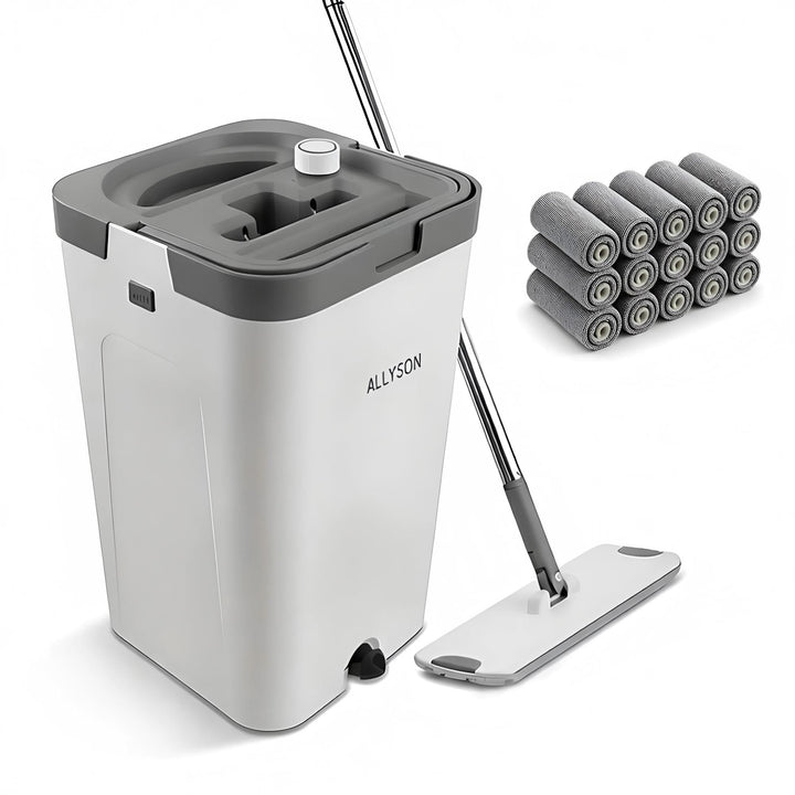 Allyson® Wischmopp Set mit Eimer, 3 Kammer System, inkl. 15 Mopptücher | Integrierter Haarentferner,
