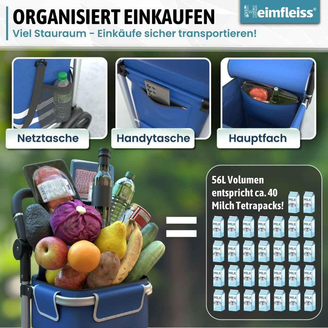 Heimfleiss® Einkaufswagen klappbar mit 56L Volumen | Einkaufstrolley klappbar mit 50kg Traglast | Le