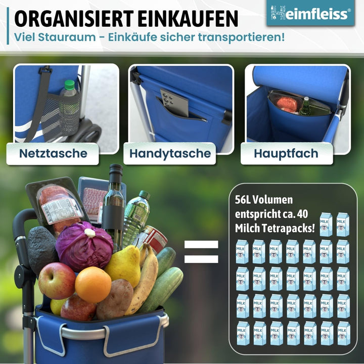 Heimfleiss® Einkaufswagen klappbar mit 56L Volumen | Einkaufstrolley klappbar mit 50kg Traglast | Le