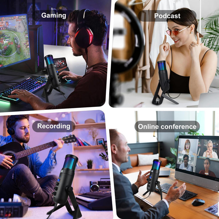 USB Mikrofon PC, Gaming Mikrofon für Streaming Podcast Voiceover, USB C Kondensator Mikrofon mit RGB