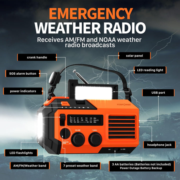 FosPower - Notfallradio NOAA/AM/FM mit 19240mWh (5200mAh) Tragbare Powerbank - Aufladung per USB/Sol