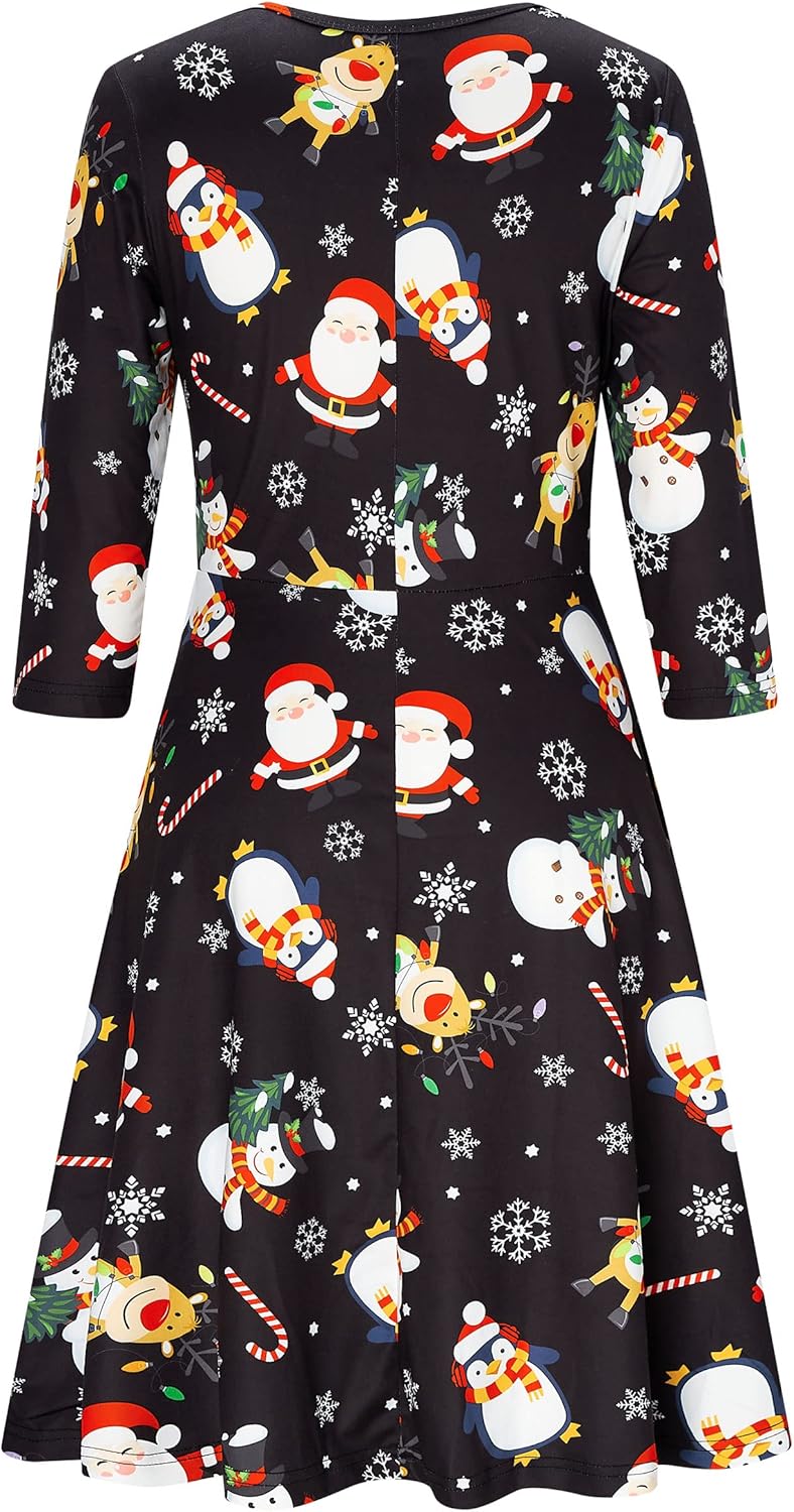 AIDEAONE Damen Weihnachten Kleid 3/4 Ärmel Midi Weich Kleid Lustig Druck Xmas Neu S, Xmas Neu S