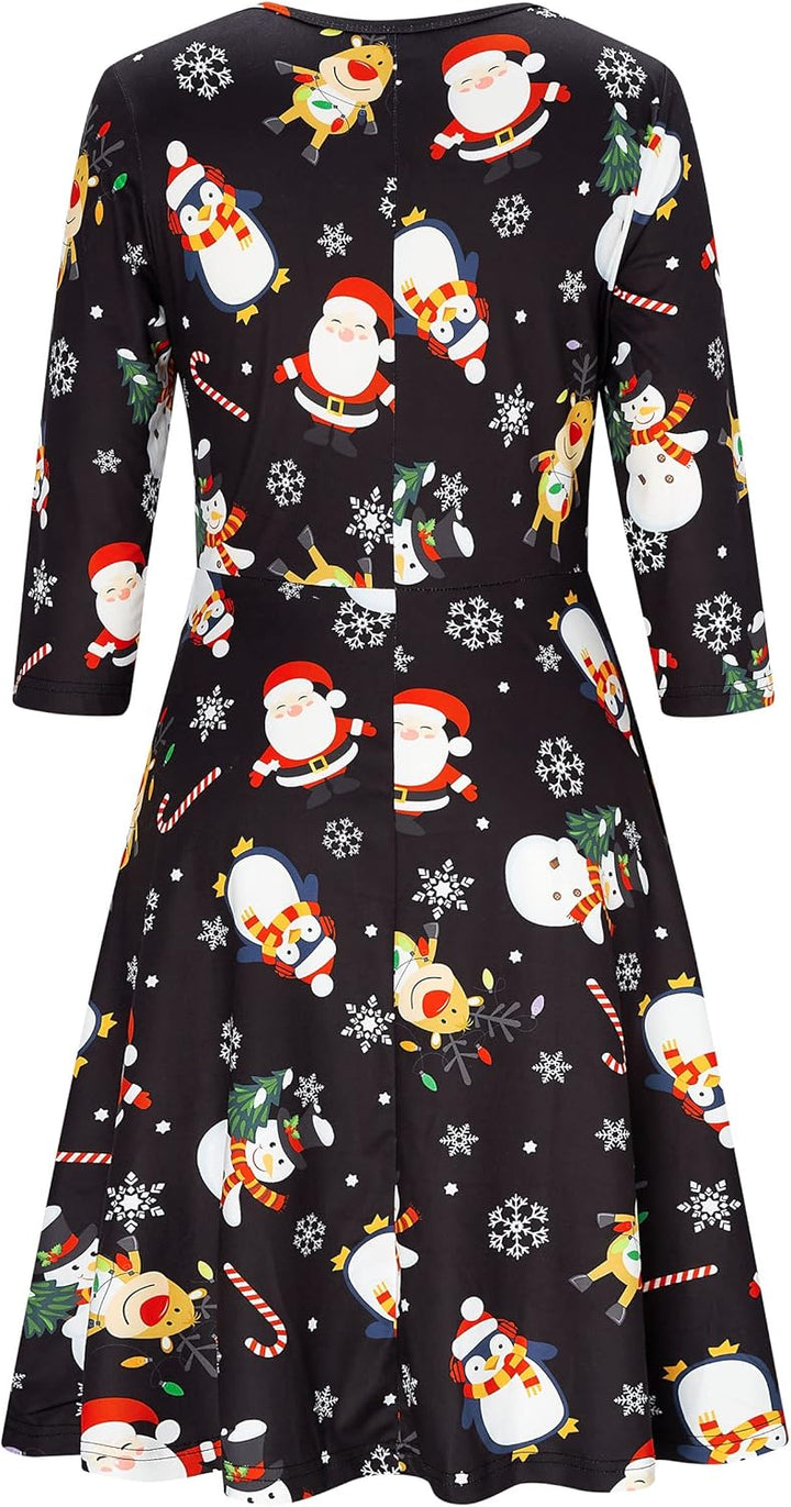 AIDEAONE Damen Weihnachten Kleid 3/4 Ärmel Midi Weich Kleid Lustig Druck Xmas Neu S, Xmas Neu S