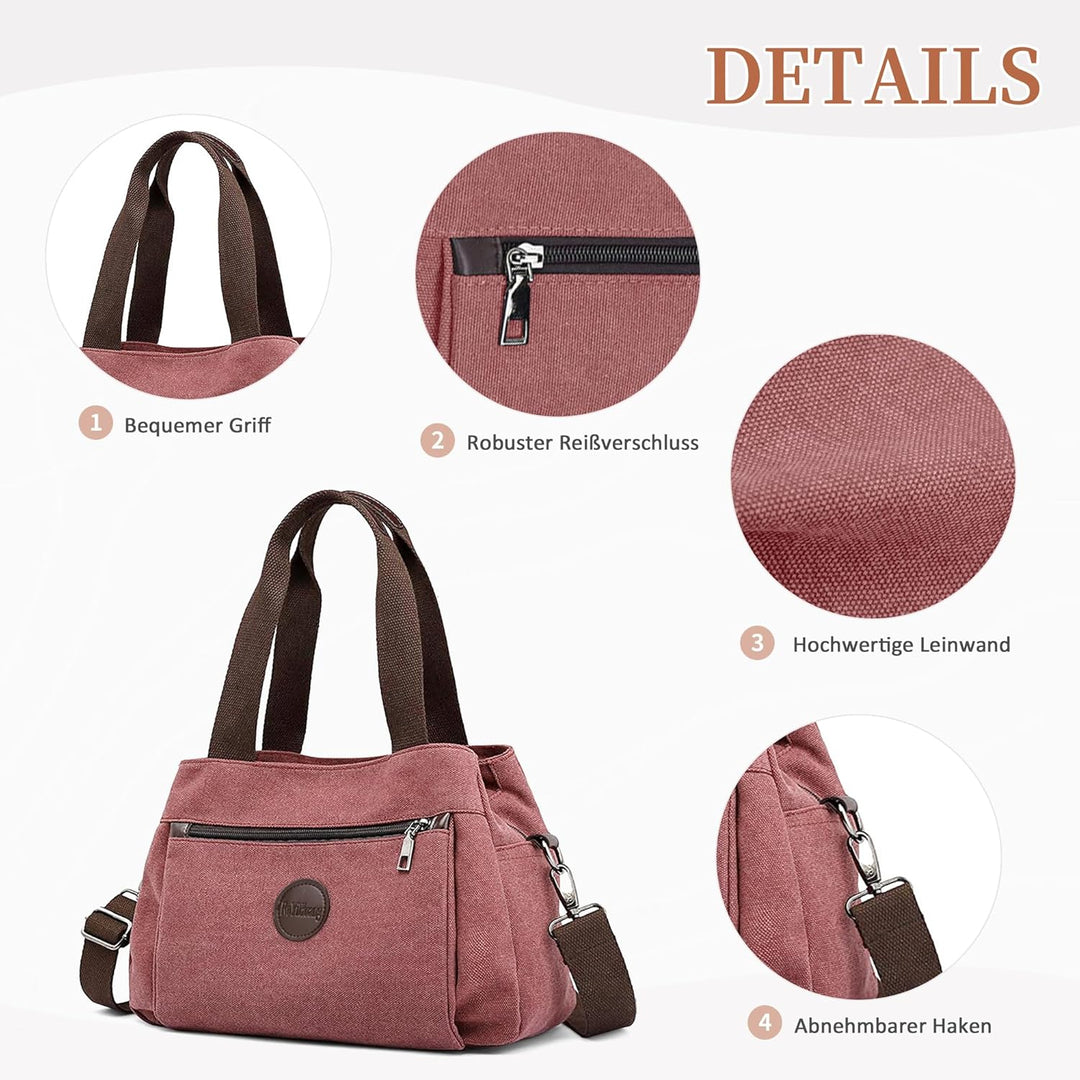 DIRRONA Canvas Tasche Damen – Vintage Handtasche Damen, Grosse Umhängetasche mit Mehreren Fächern, V