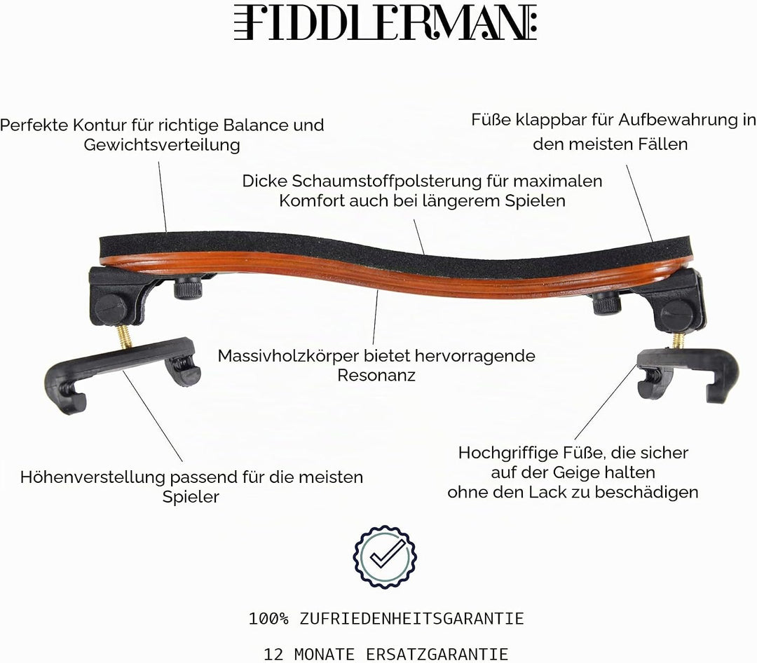 Fiddlerman Schulterstütze für Violine aus Holz für 4/4 und 3/4 mit klappbaren und höhenverstellbaren