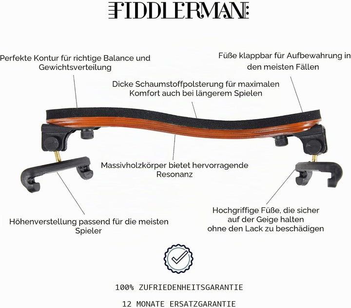 Fiddlerman Schulterstütze für Violine aus Holz für 4/4 und 3/4 mit klappbaren und höhenverstellbaren