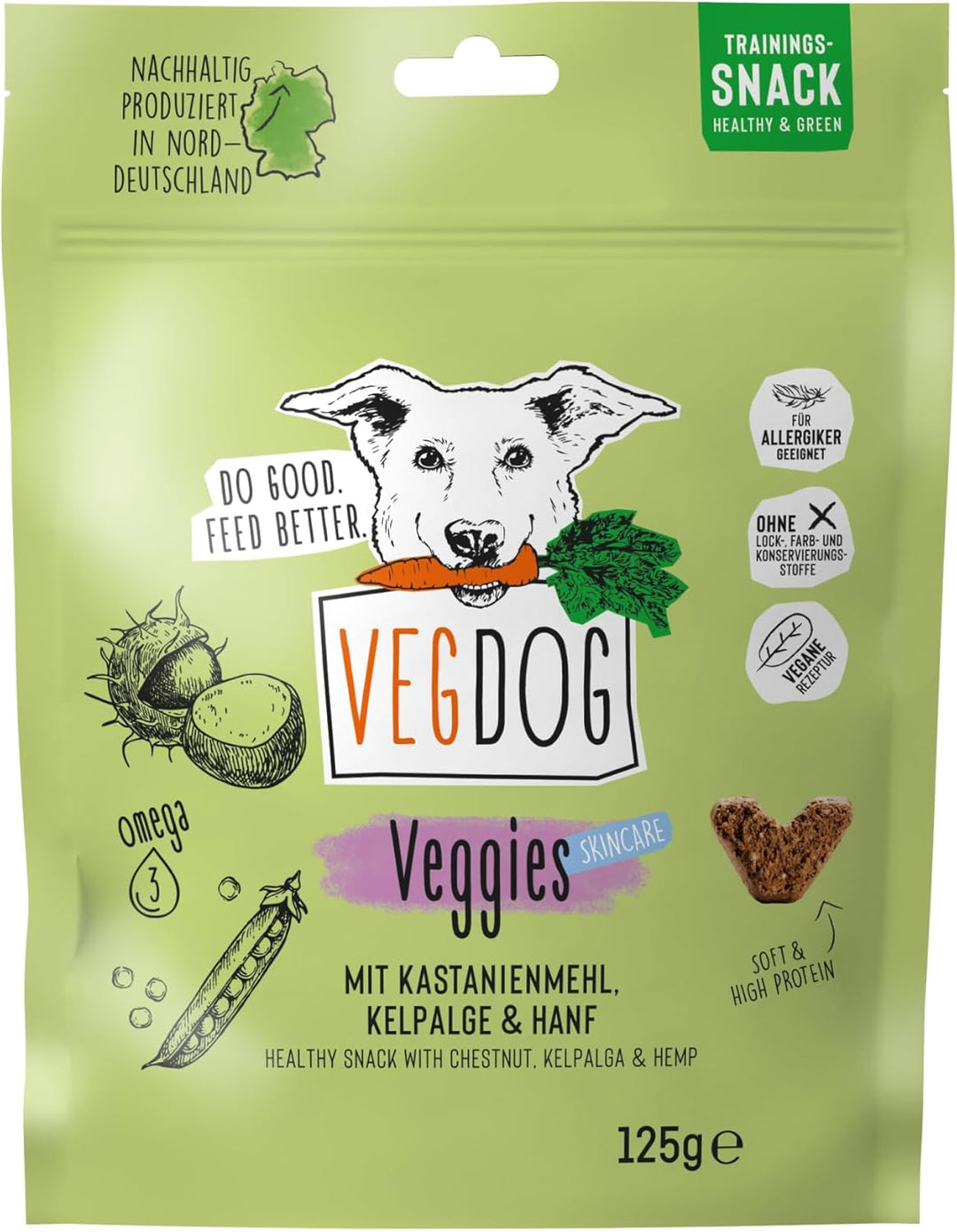 VEGDOG Veggies Skincare Veganer Snack für Hunde, getreiefreier Trainingssnack für Allergiker mit Kas