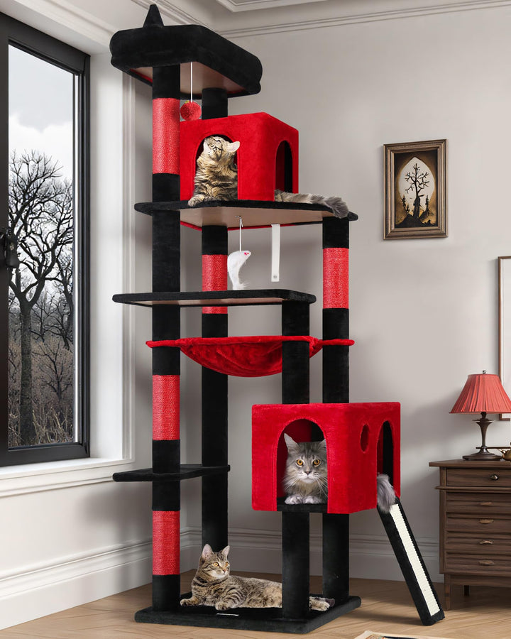 Globlazer Kratzbaum Gotisch Schwarz Rot Grosse hoch 178 cm mit Hängematte Weich, 2 Katzenhaus, Gepol