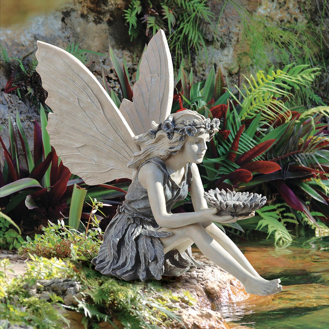 Design Toscano Die Sonnenblumenfee Gartenstatue Vogeltränke, Polyresin, stein, 51 cm, Sonnenblumen