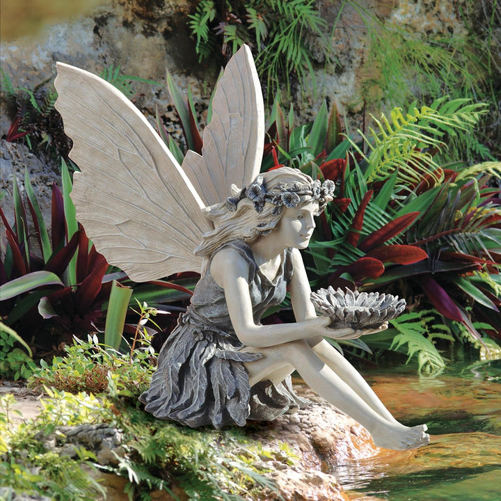 Design Toscano Die Sonnenblumenfee Gartenstatue Vogeltränke, Polyresin, stein, 51 cm, Sonnenblumen