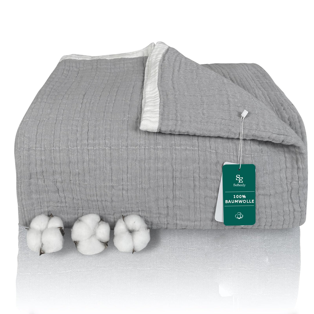 SE SOFTEXLY Musselin Decke 150 x 200 aus 100% Baumwolle, Weiche und Atmungsaktive Kuscheldecke, Leic