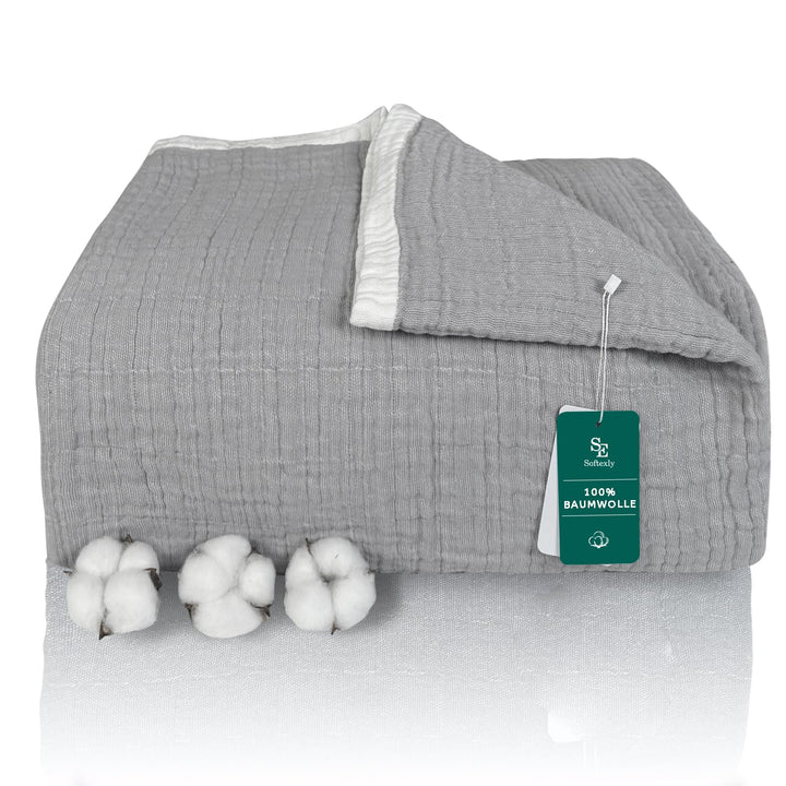 SE SOFTEXLY Musselin Decke 150 x 200 aus 100% Baumwolle, Weiche und Atmungsaktive Kuscheldecke, Leic