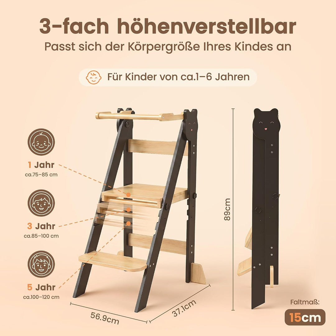 Lernturm Klappbar & 3-Fach Höhenverstellbar - Kippsicherer Learning Tower aus Kiefernholz - Mitwachs
