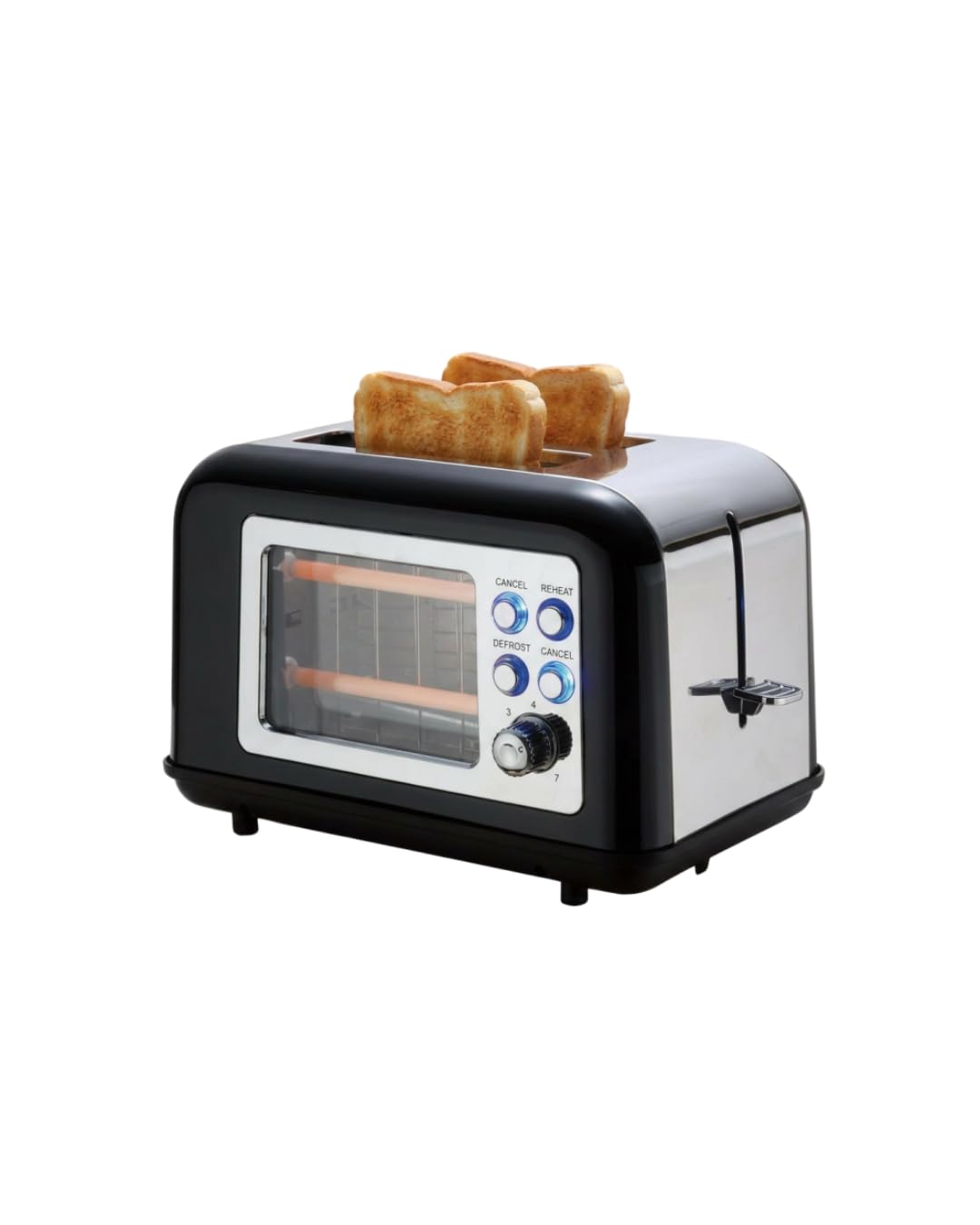 Toaster aus Edelstahl, 2 breite Schlitze, 800 W in 7 Stufen, 2 Brotscheiben, Glassteuerungsfenster,