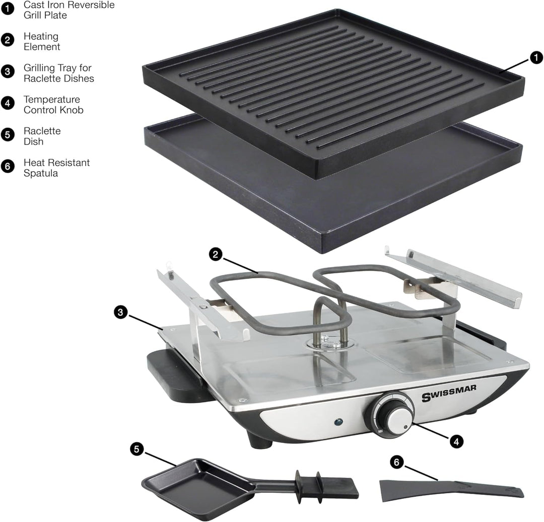 Swissmar Geneva Raclette 4 Personen, Raclette Grill mit Pfännchen und Schiebern, Mini Raclette-Grill
