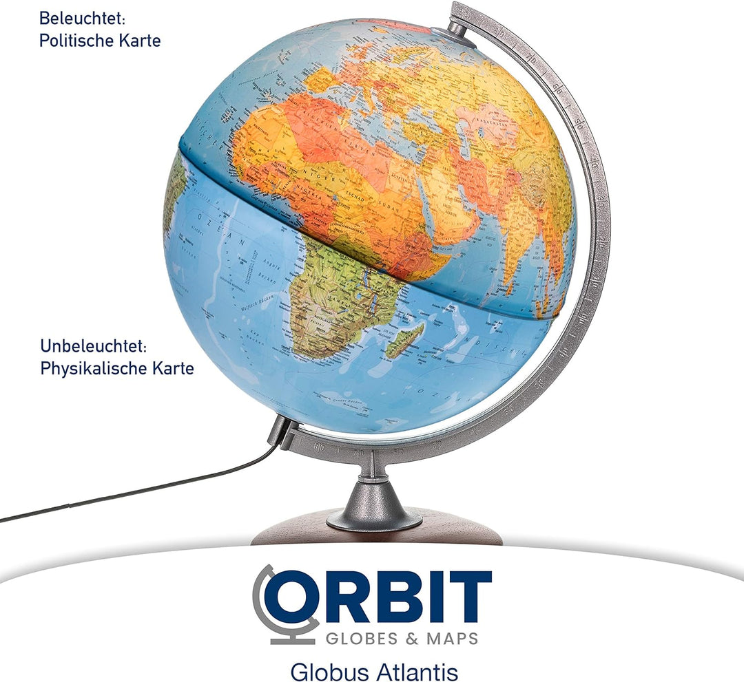 ORBIT Globes & Maps - Leuchtglobus - 30cm Globus mit Holzfuss, Kartenbild 2023 physikalisch / politi