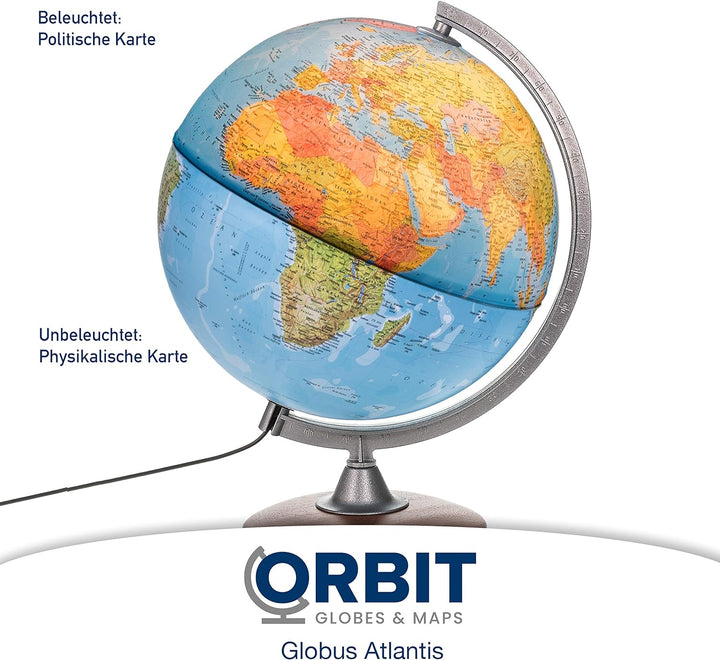 ORBIT Globes & Maps - Leuchtglobus - 30cm Globus mit Holzfuss, Kartenbild 2023 physikalisch / politi