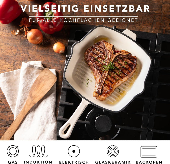 Römertopf Gusseisen Grillpfanne eckig 24 cm – Steakpfanne Emaille-Beschichtung, alle Herdarten inkl.