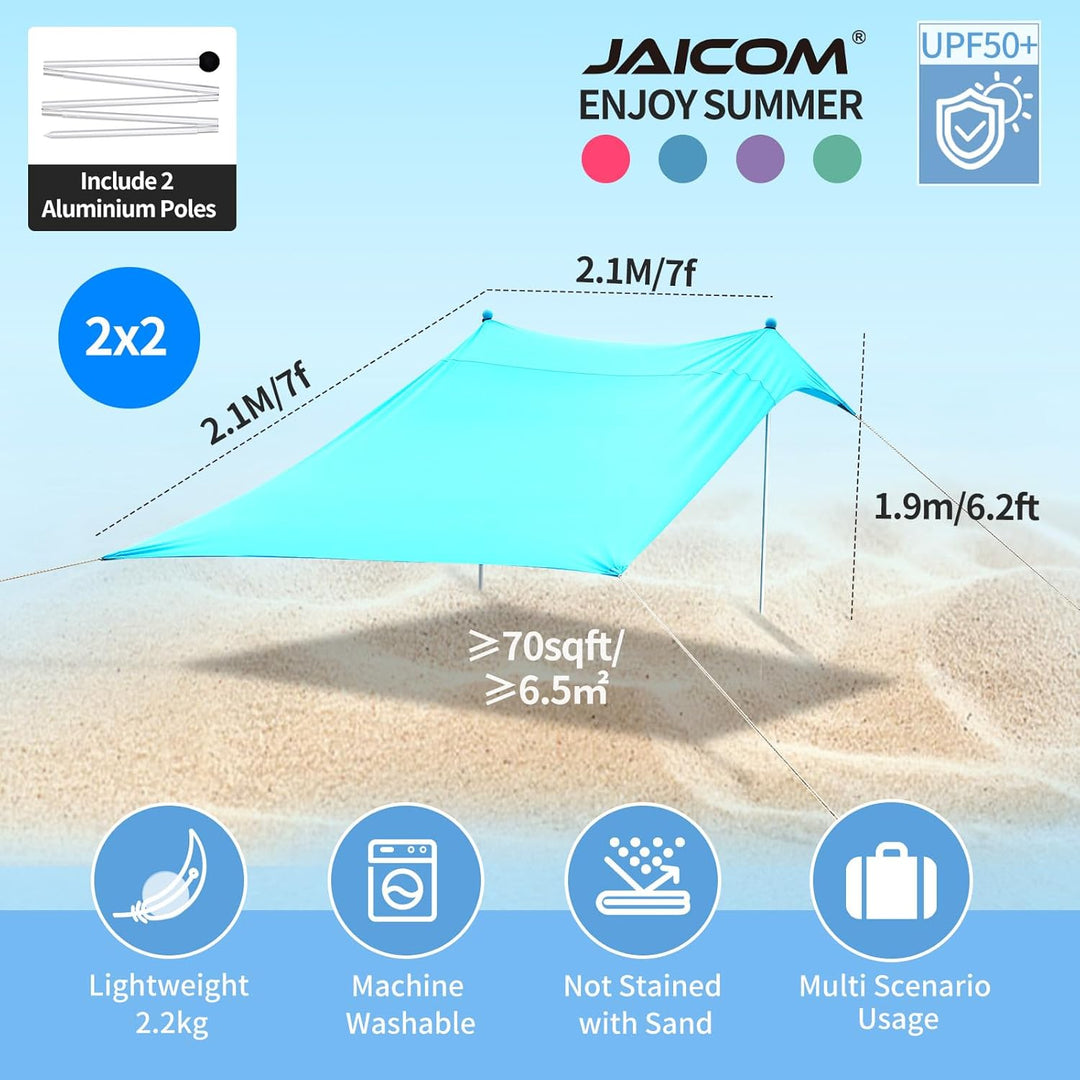 JAICOM Strandzelt, 2.1x2.1m Strandmuschel, UPF50+ UV-Schutz und Wasserdicht Sonnensegel, Mit Sandsch