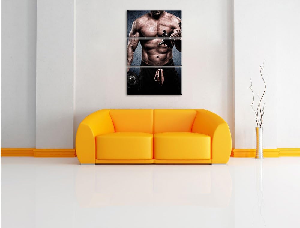 Pixxprint Starker Bodybuilder mit Hantel / 3-Teilig/Gesamtmass 120cm Leinwandbild bespannt auf Holzr