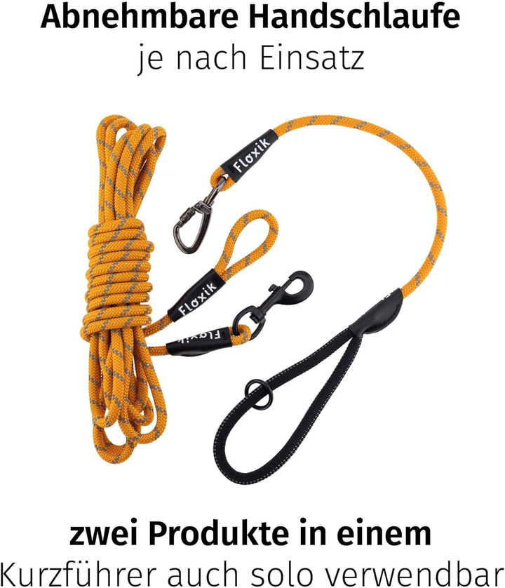 Floxik Schleppleine für Hunde | 5m, 10m, 15m, 20m orange | reflektierende Tauleine mit Abnehmbarer H