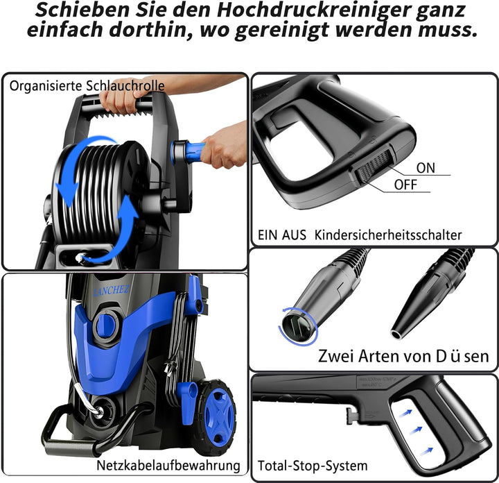 LANCHEZ Hochdruckreiniger 180 bar max Druck, Fördermenge 480 l/h, 7-in-1-Zubehör Kit (500ml Schaumsp