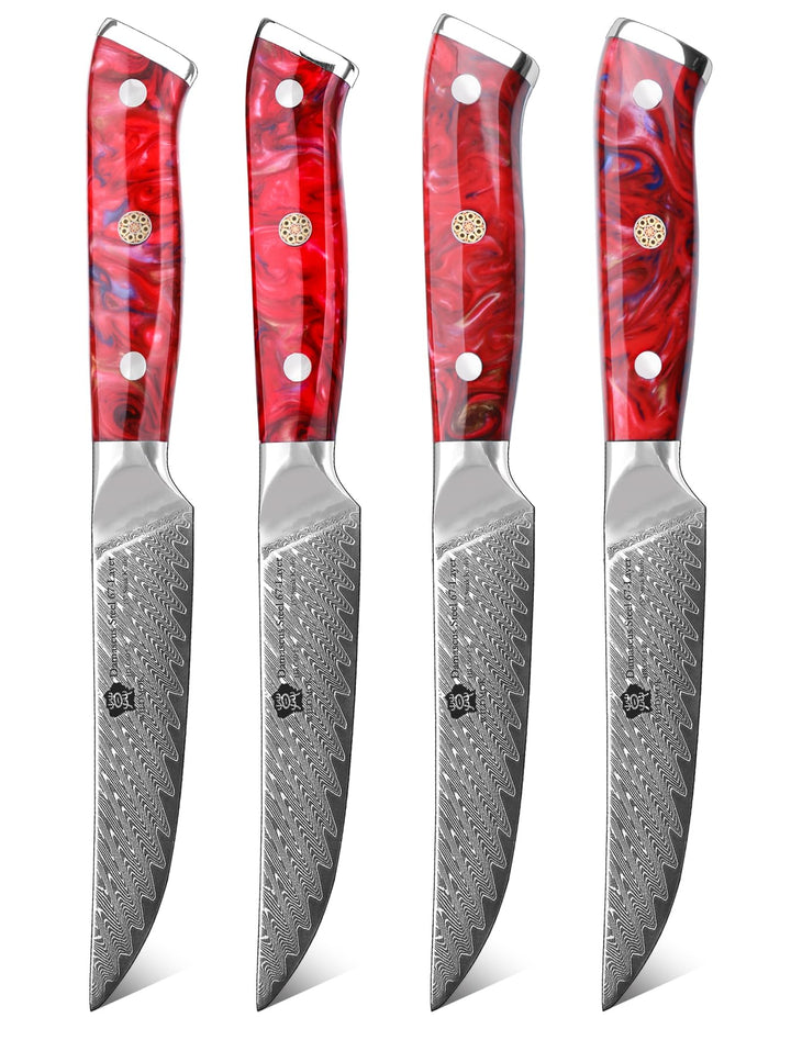 WILDMOK Steakmesser-Set mit 4 Damaststahl-Steakmessern 12,7cm, ultrascharf, gezahntes Steakmesser-Se