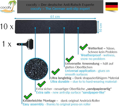 cocofy Anti-Rutsch Sticker für Treppen aussen und innen | 10x Streifen (61x10 cm) schwarz | Starker