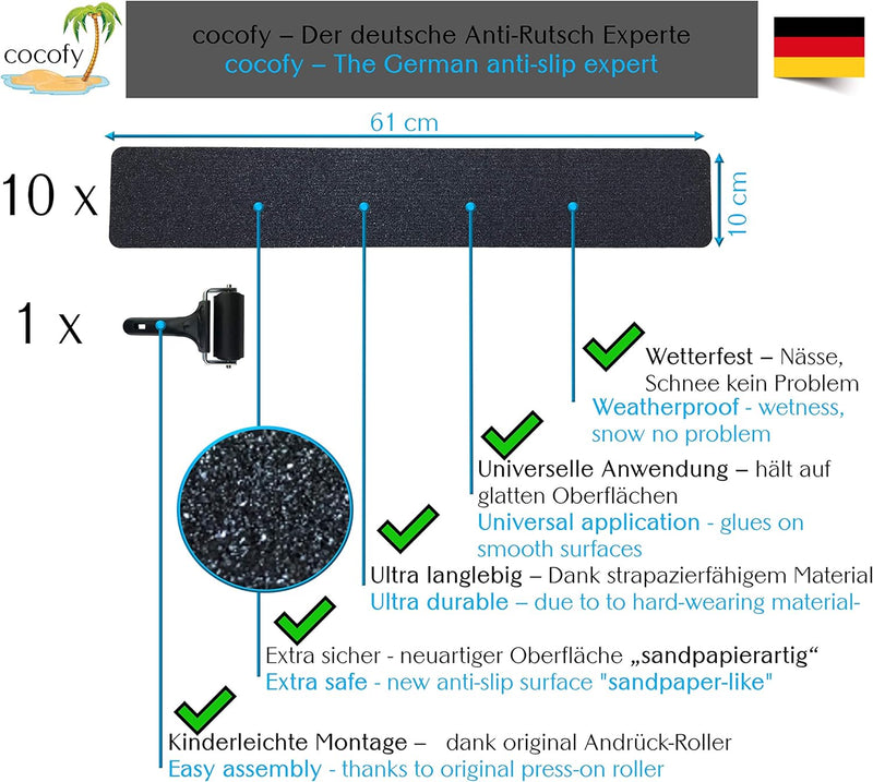 cocofy Anti-Rutsch Sticker für Treppen aussen und innen | 10x Streifen (61x10 cm) schwarz | Starker