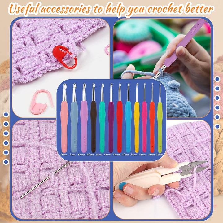 Aeelike Häkelnadel Set mit Häkelgarn in 12 Farben, Nützliches Starter Häkelset für Anfänger, Kinder,