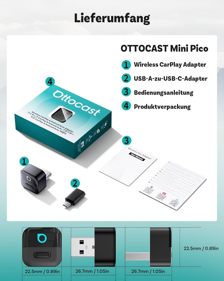 2026 Ottocast Mini Pico CarPlay Adapter, Wandelt kabelgebundenes CarPlay & Android Auto in Wireless