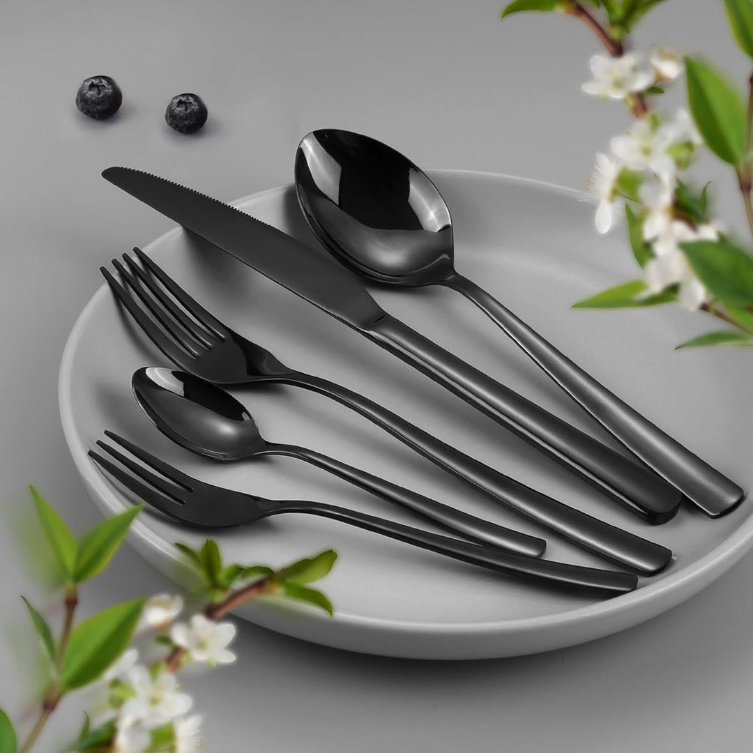 Besteck Set für 6 Personen,30 teilig Edelstahl Besteckset,Besteck Set Schwarz mit Messer Gabel Löffe