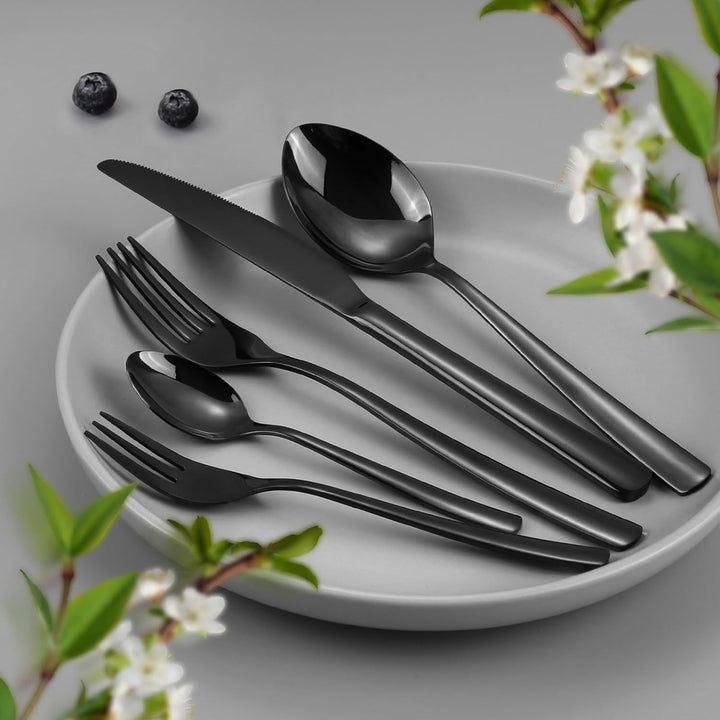 Besteck Set für 6 Personen,30 teilig Edelstahl Besteckset,Besteck Set Schwarz mit Messer Gabel Löffe
