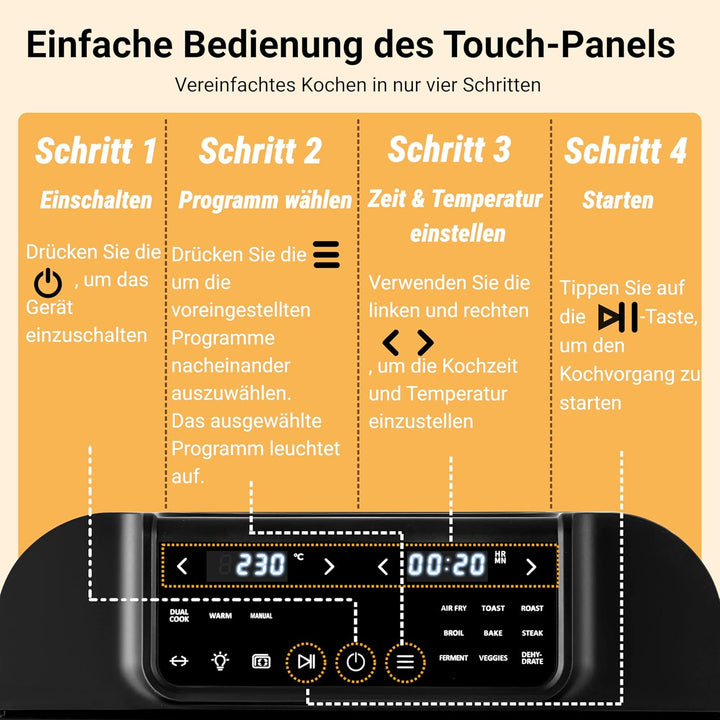 16L Heissluftfritteuse mit Rotisserie Grosse Kapazität Bis zu 230°C 12 smarte Kochfunktionen Air Fry