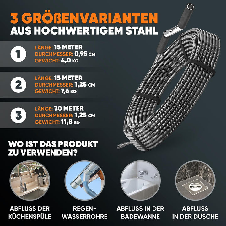 Meisterfaktur Rohrreinigungsspirale 3.0 [15m] - extra lang - Ideale Abflussspirale für eine umweltfr