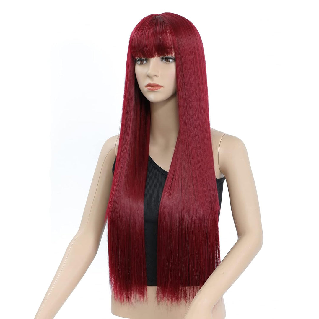 Perücke Rote Lang Gerade Perücke mit Pony für Damen, 30 Zoll Synthetische Kunstfaser Glatte Perücken