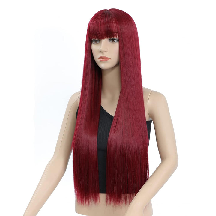 Perücke Rote Lang Gerade Perücke mit Pony für Damen, 30 Zoll Synthetische Kunstfaser Glatte Perücken