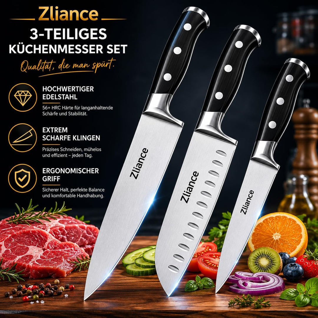 Messerset 3-teilig, japanischer High-Carbon Edelstahl, Ultra-Scharf, 20cm Kochmesser, 18cm Santoku,