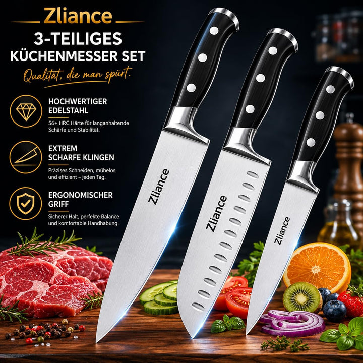 Messerset 3-teilig, japanischer High-Carbon Edelstahl, Ultra-Scharf, 20cm Kochmesser, 18cm Santoku,