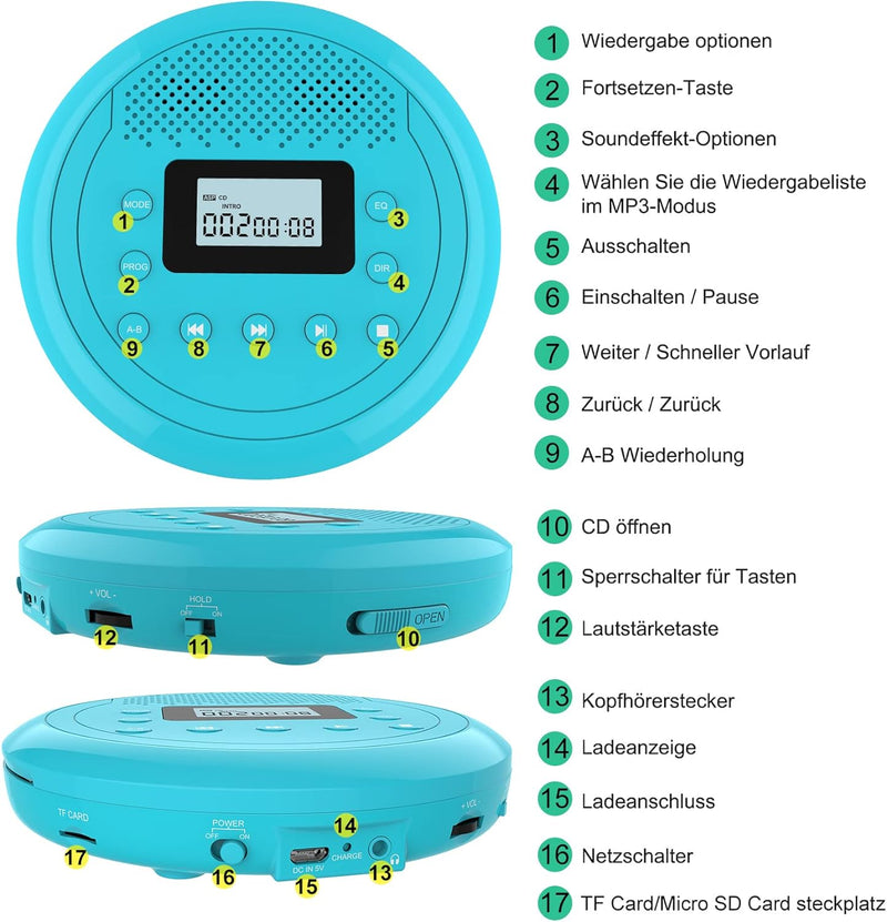 MONODEAL NEU 2023 Tragbarer CD Player mit Lautsprecher, CD Player Tragbar, Wiederaufladbar Discman C
