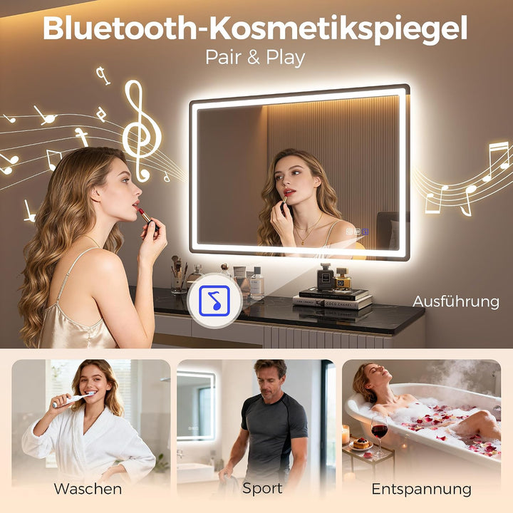 STARLEAD Badspiegel-mit-Beleuchtung 100x70cm, Spiegel-mit-Beleuchtung und Entfoggen, Bluetooth, Dimm