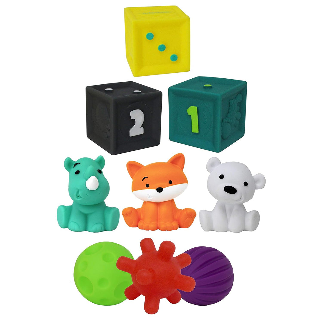 INFANTINO 216289 Sensory Plug und Roll Multiblöcke Kübel mit Texturierter Spielzeuge, Kübel mit