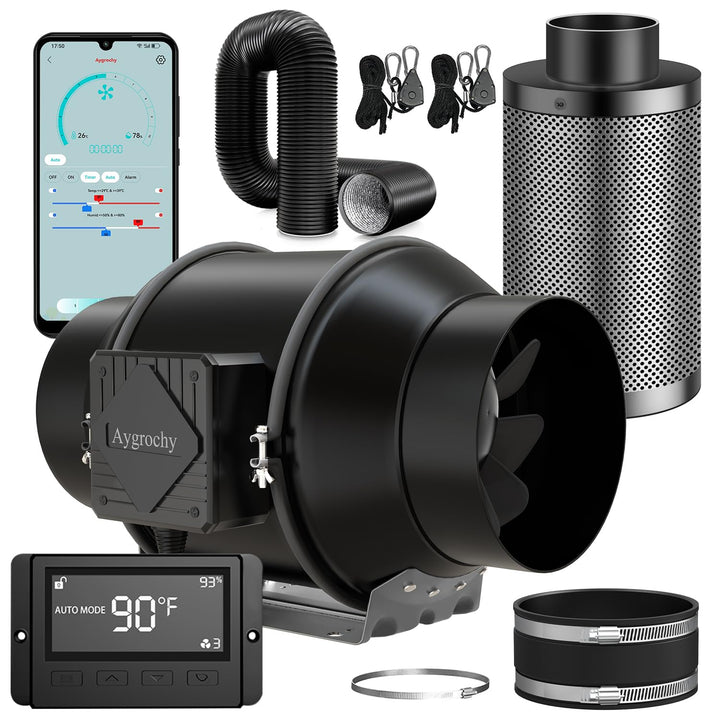 Aygrochy Abluftset 150mm, Rohrventilator mit Temperatur- und Feuchtigkeitsregler, WiFi App Steuerung
