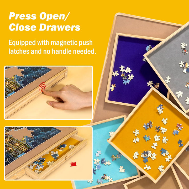 Becko US Puzzle Board with Cover & 6 Press Open/Close Drawers, Wooden Jigsaw Puzzle Table with Color