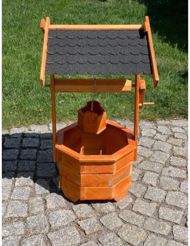 Grosser Handgefertigter Garten-Deko-Achteck-Brunnen aus Holz Braun/Grün Höhe 84 cm für den Garten/Ou