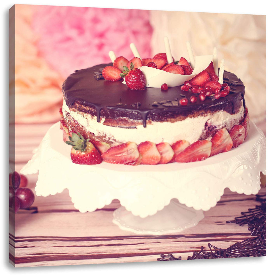 Köstliche Erdbeertorte, Format: 70x70 auf Leinwand, XXL riesige Bilder fertig gerahmt mit Keilrahmen