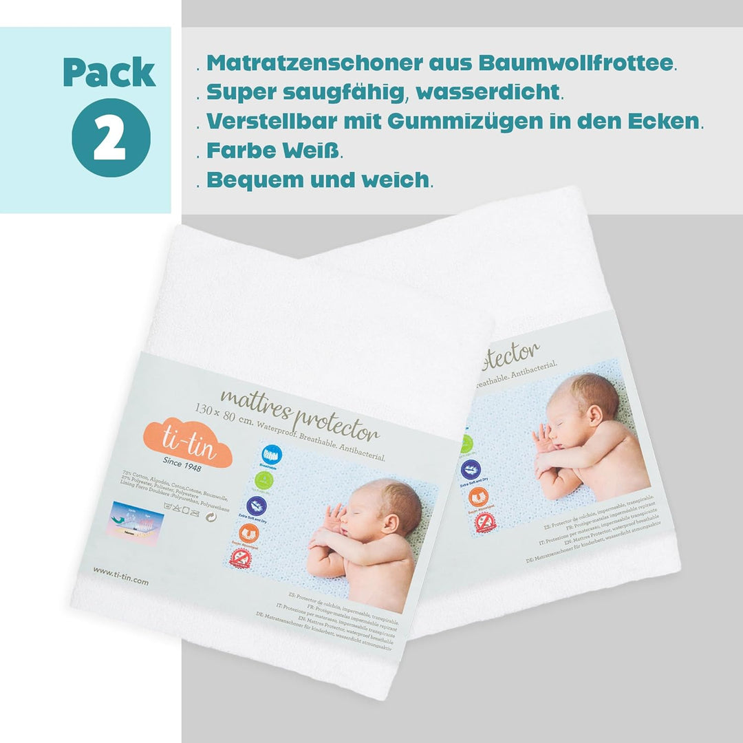 Matratzenschoner aus Baumwolle für Babykrippe | 80 x 130 cm | Wasserdicht | Atmungsaktiv | mit Gummi